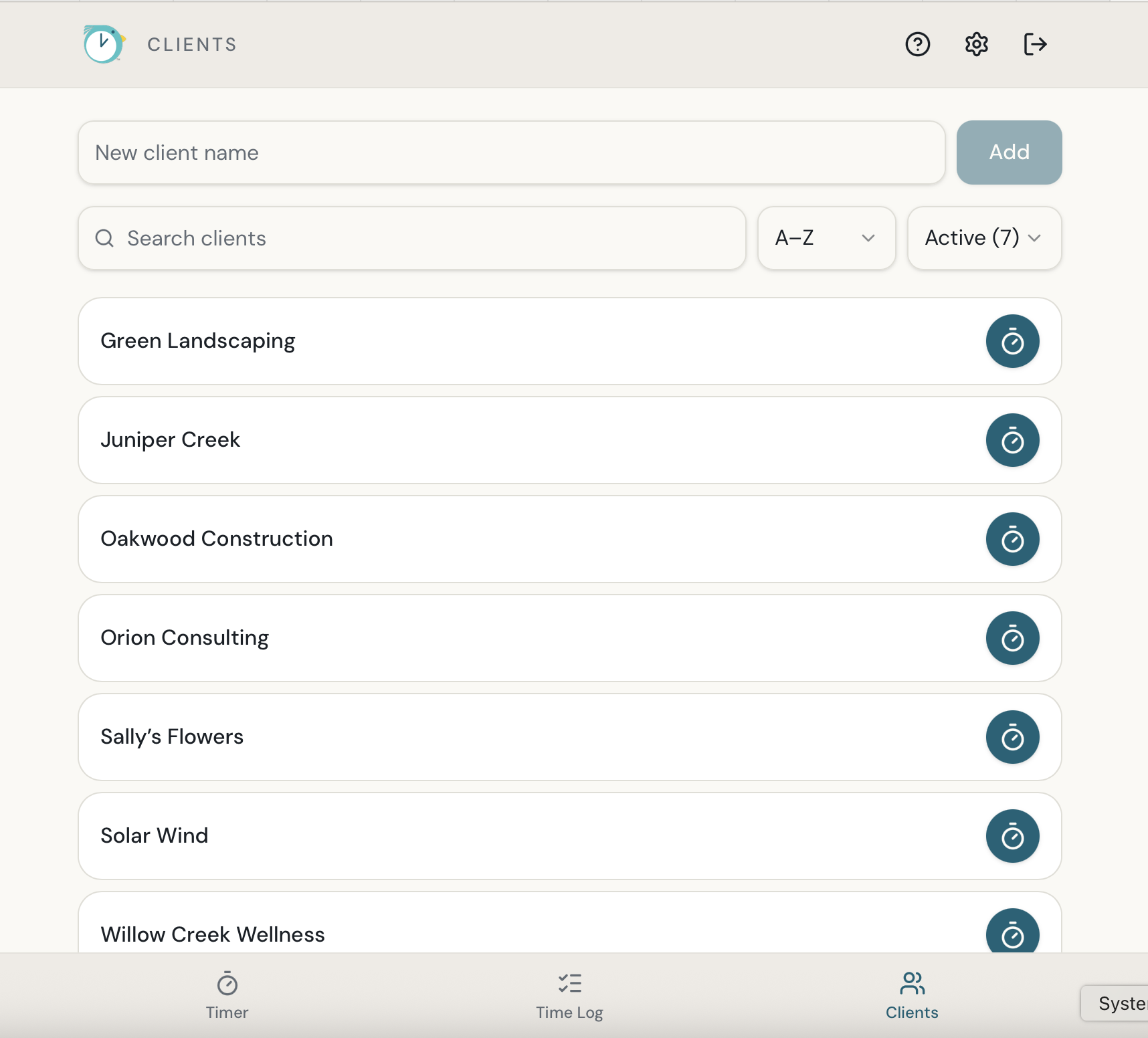PekiTime Add Client screen