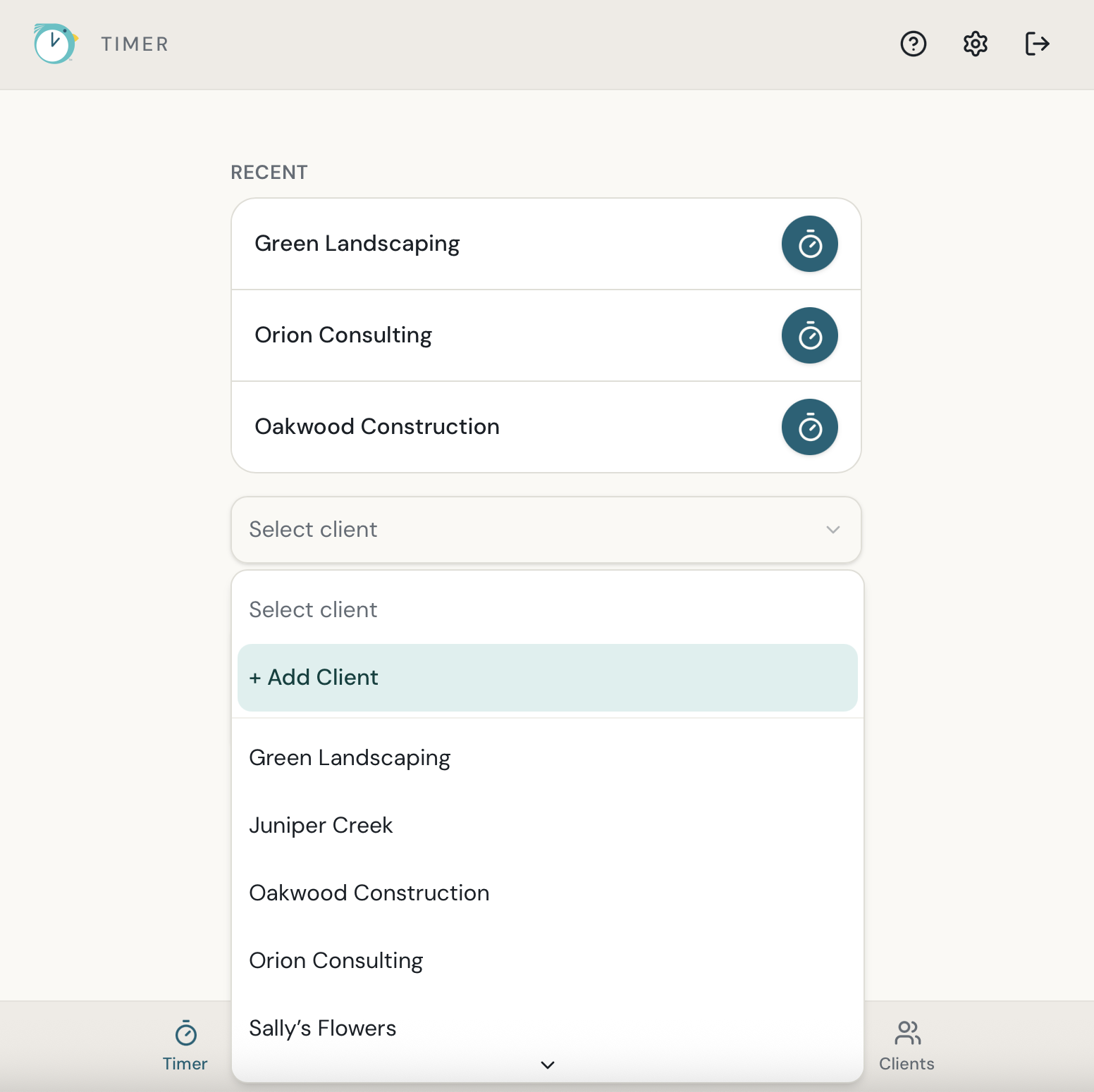 Add Client option on the PekiTime Timer screen