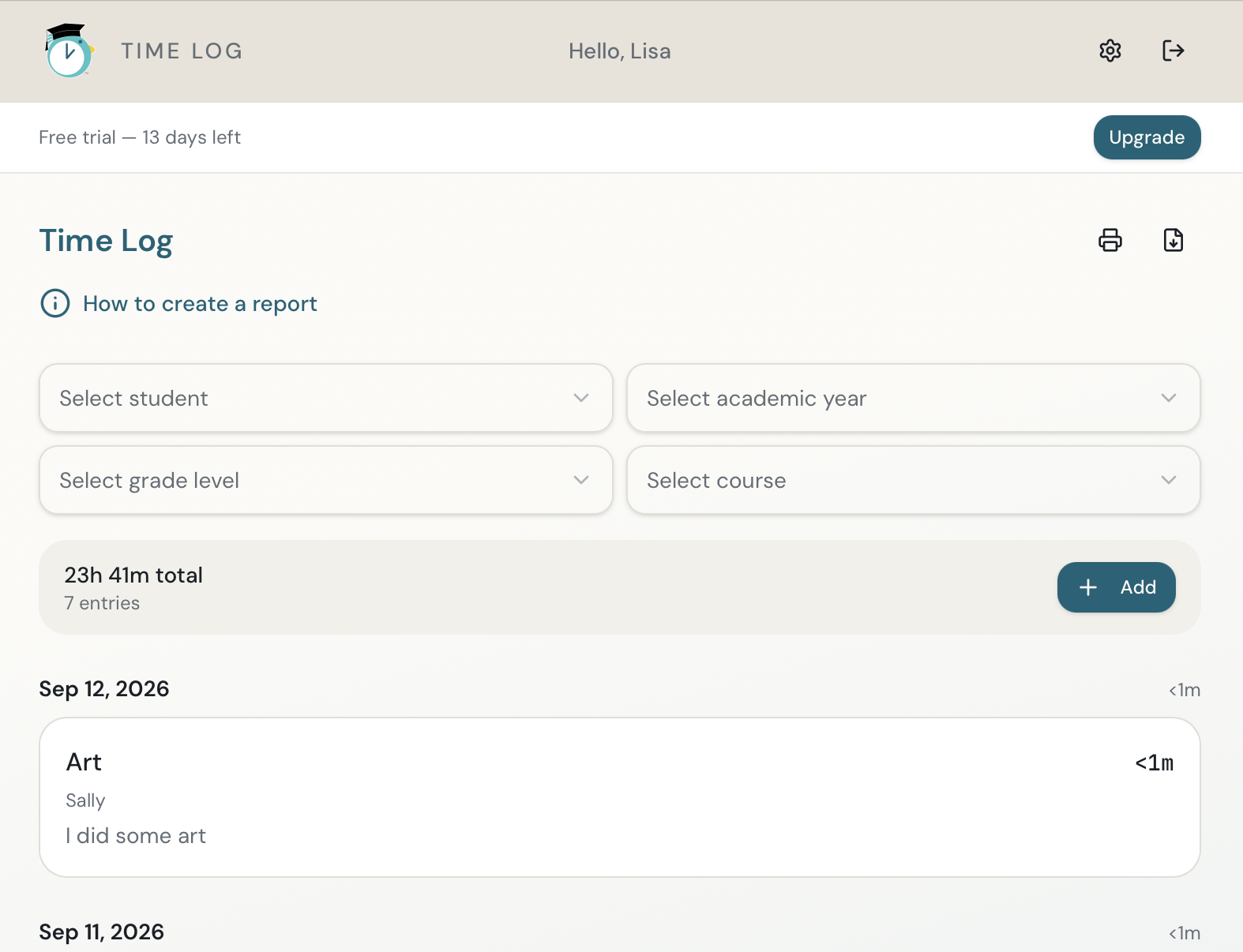 PekiTime for Homeschoolers Reports screen